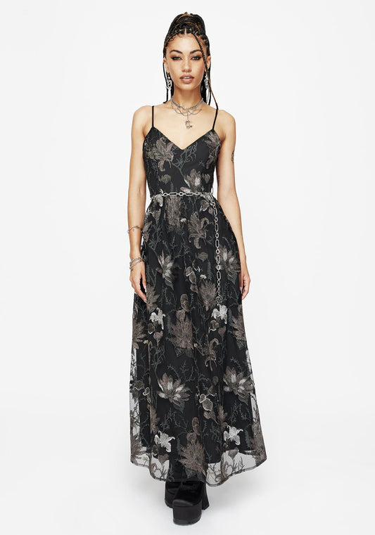 Estrid Embroidered Mesh Midaxi Cami Dress - Silver