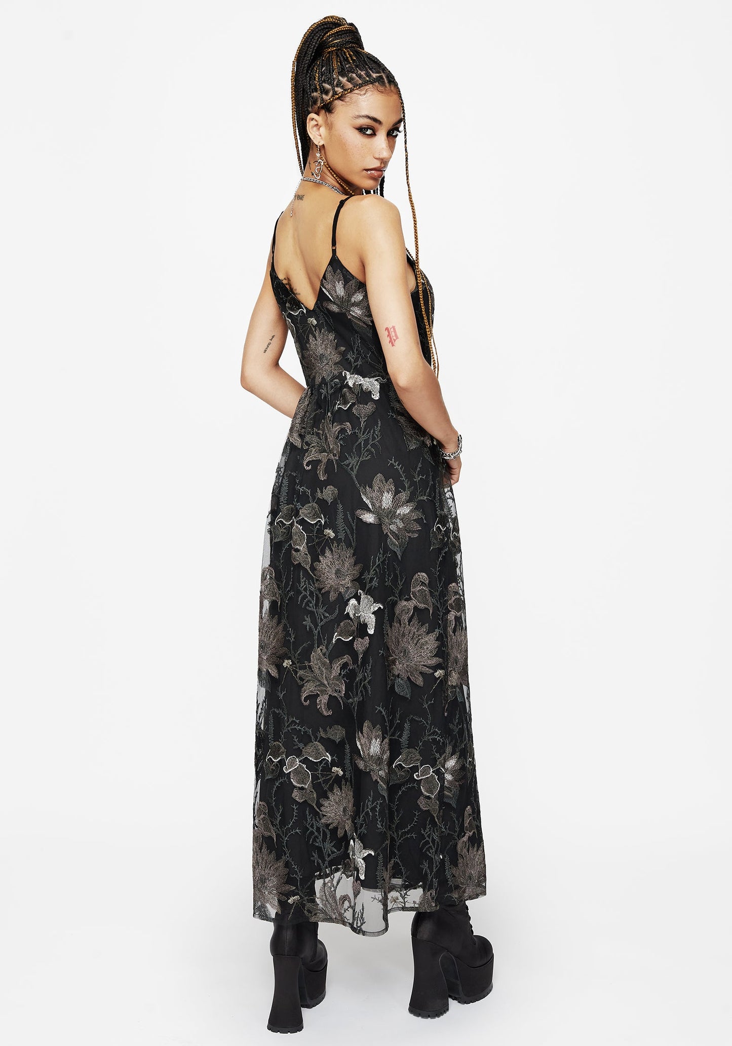 Estrid Embroidered Mesh Midaxi Cami Dress - Silver