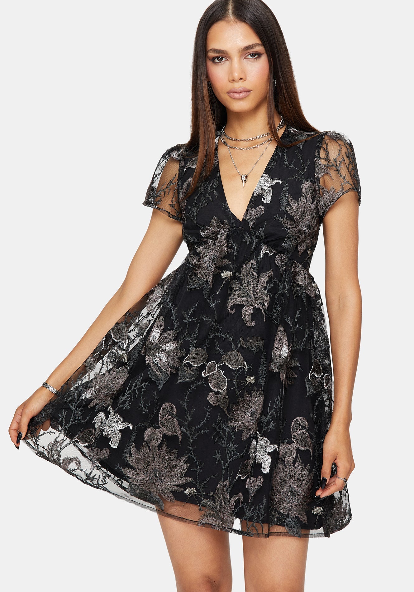 Estrid Embroidered Mesh Flute Sleeve Mini Dress - Silver