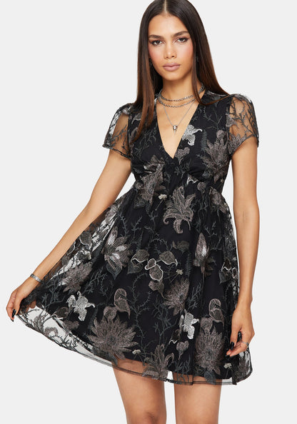 Estrid Embroidered Mesh Flute Sleeve Mini Dress - Silver