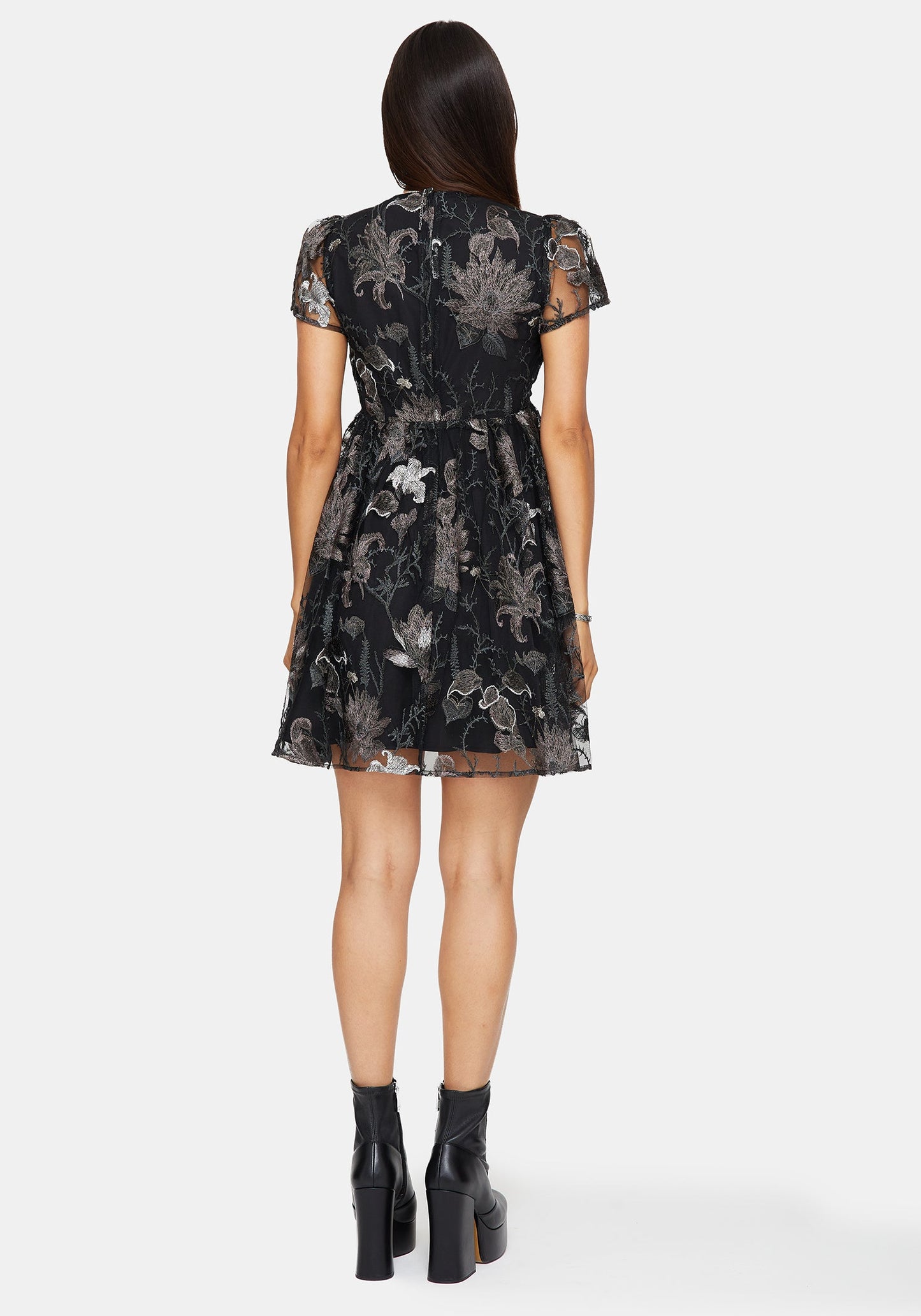 Estrid Embroidered Mesh Flute Sleeve Mini Dress - Silver