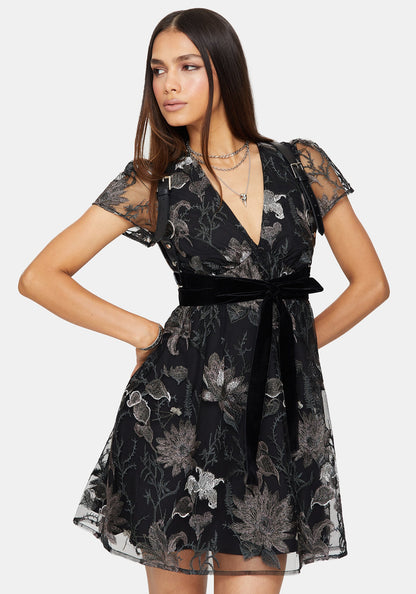 Estrid Embroidered Mesh Flute Sleeve Mini Dress - Silver