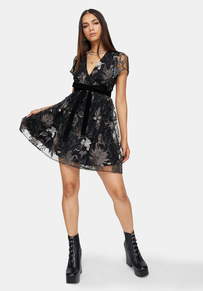 Estrid Embroidered Mesh Flute Sleeve Mini Dress - Silver