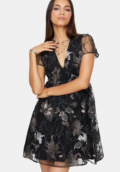 Estrid Embroidered Mesh Flute Sleeve Mini Dress - Silver