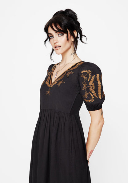 Emberflit Cotton Blend Moth Embroidered Smock Maxi Dress