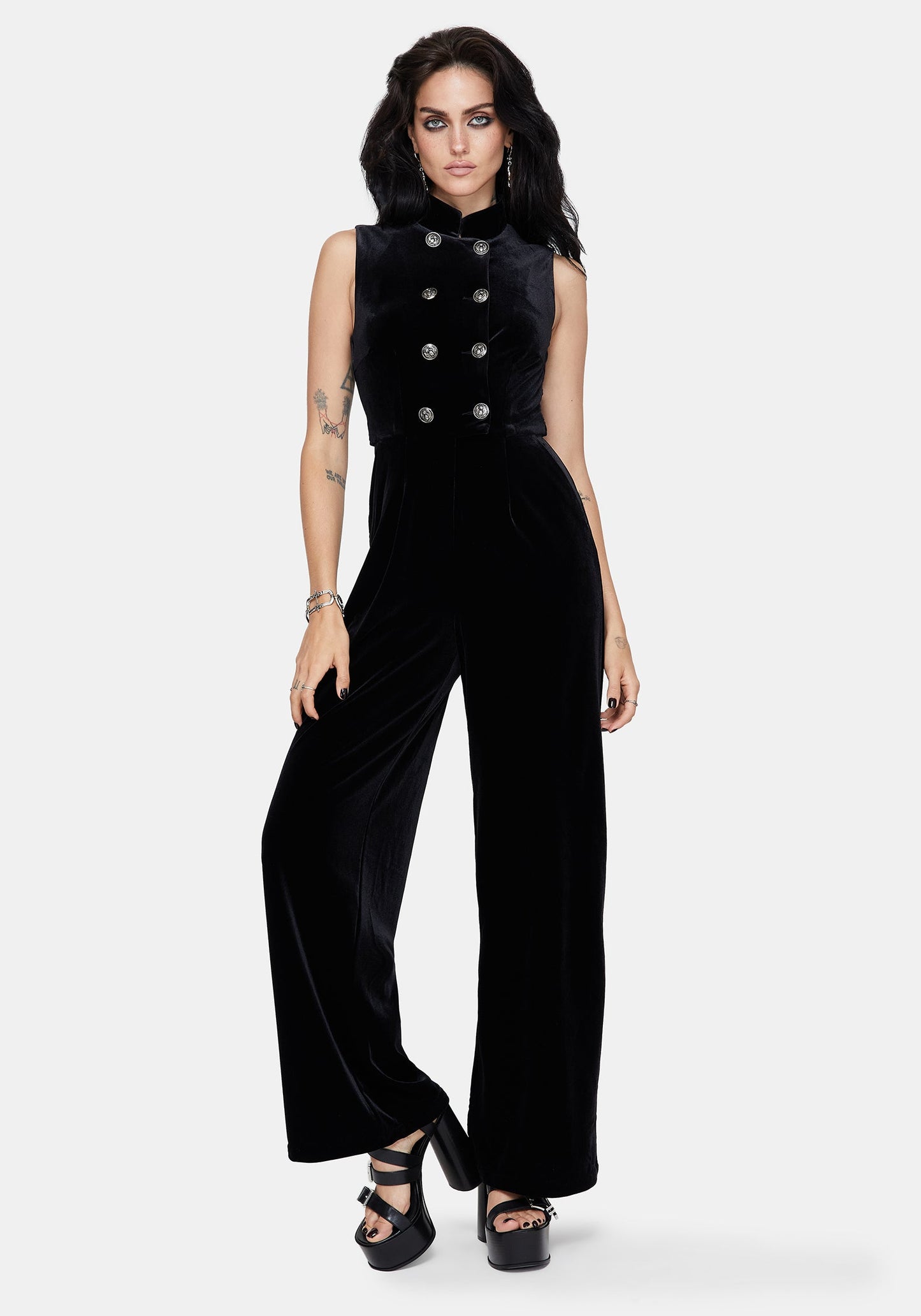 Dusken Velour Button Up High Neck Jumpsuit