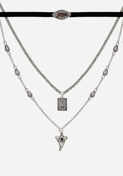 Shark Tooth Black Pearl Layered Necklace