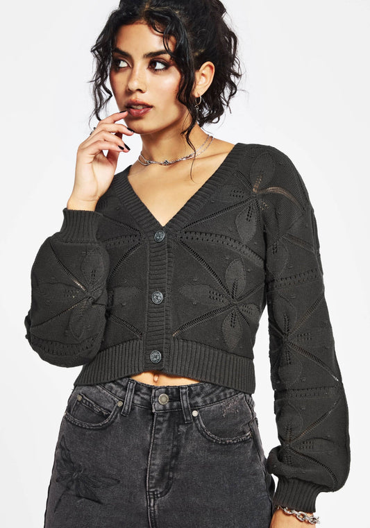 Alda Floral Pointelle Balloon Sleeve Knit Cardigan