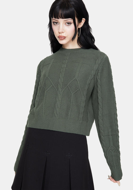 Noir Cotton Gothic Arch Cropped Cable Knit Jumper