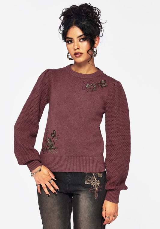 Dana Floral Moth Embroidered Jumper - Purple