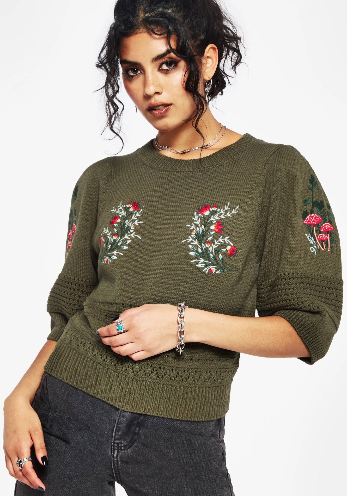 Lavish Mushroom Embroidered Short Sleeve Knit Top