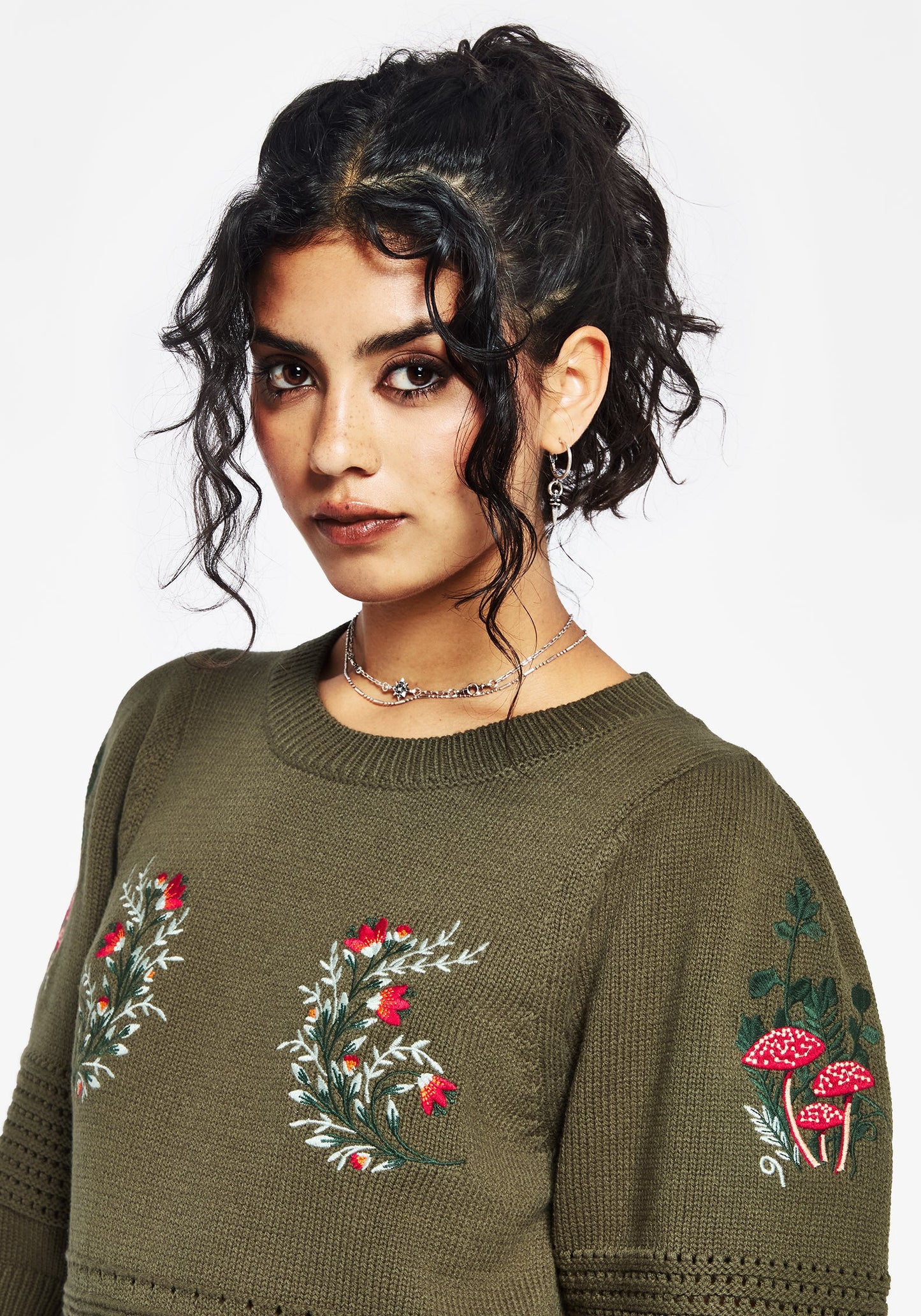 Lavish Mushroom Embroidered Short Sleeve Knit Top
