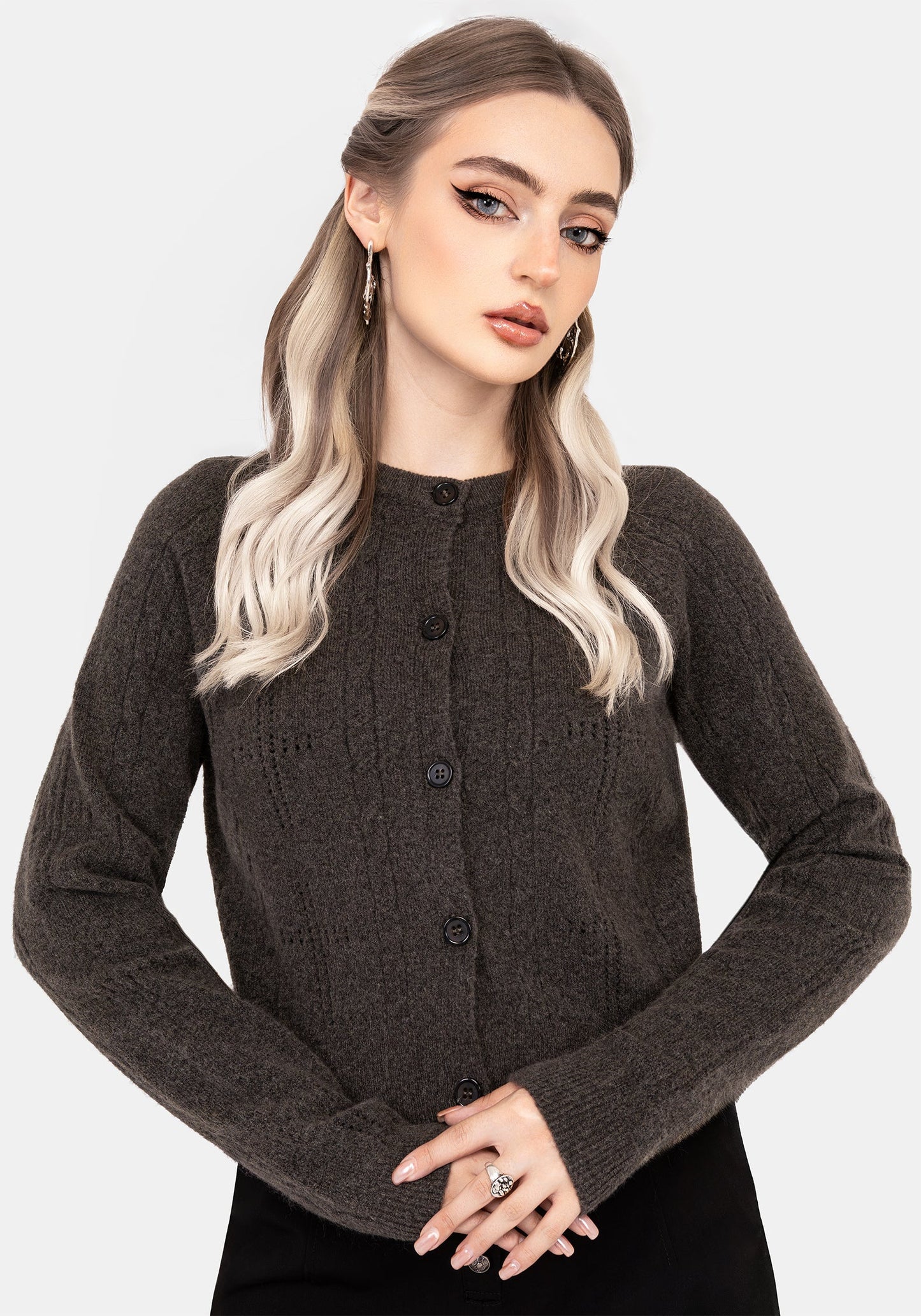 Serena Cross Pointelle Button Down Knit Cardigan
