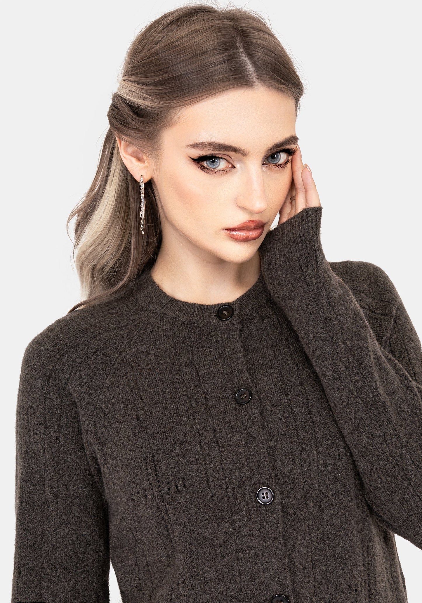 Serena Cross Pointelle Button Down Knit Cardigan