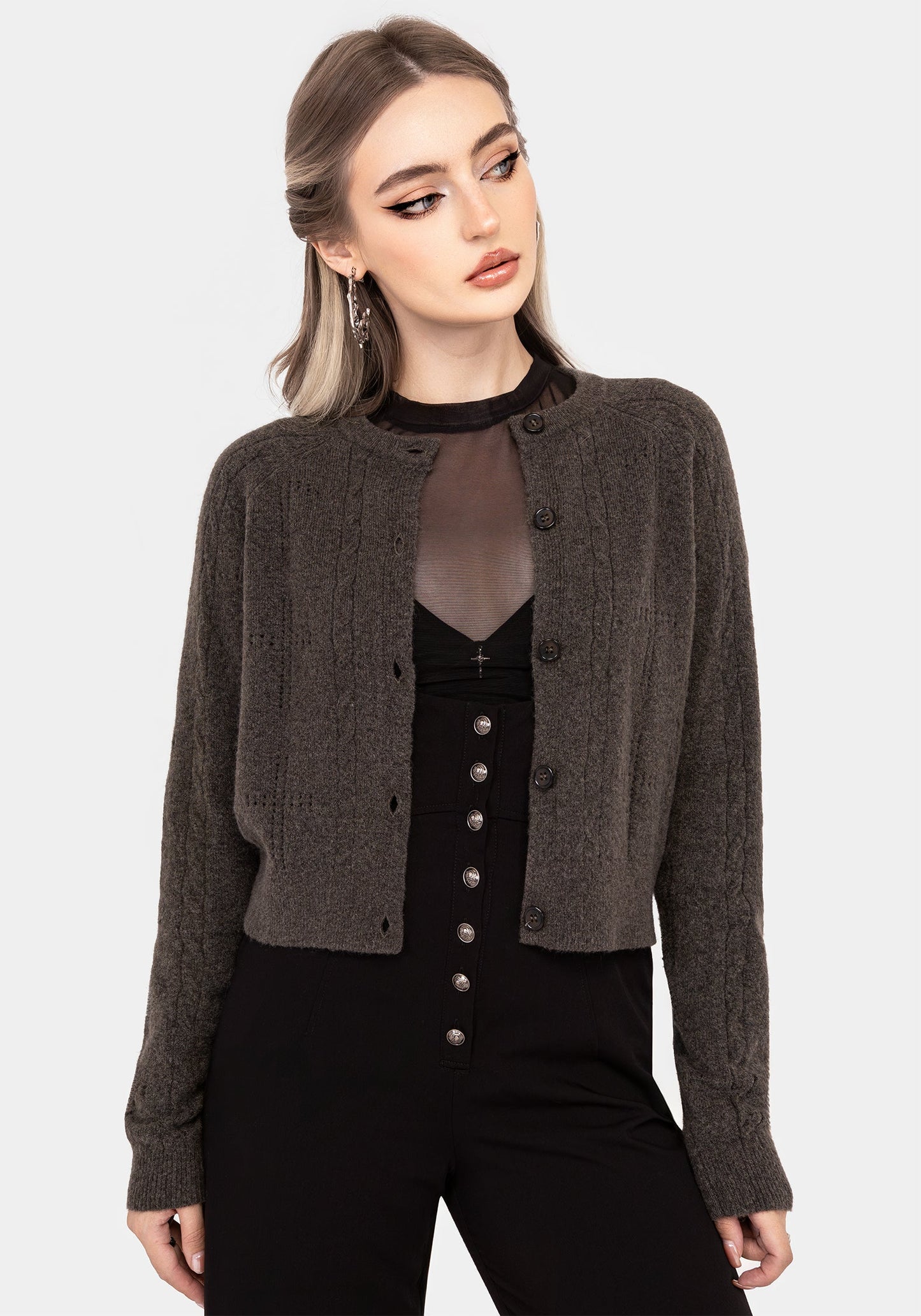 Serena Cross Pointelle Button Down Knit Cardigan