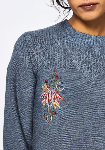 Selenia Moth Embroidered Cable Twist Knit Jumper - Blue