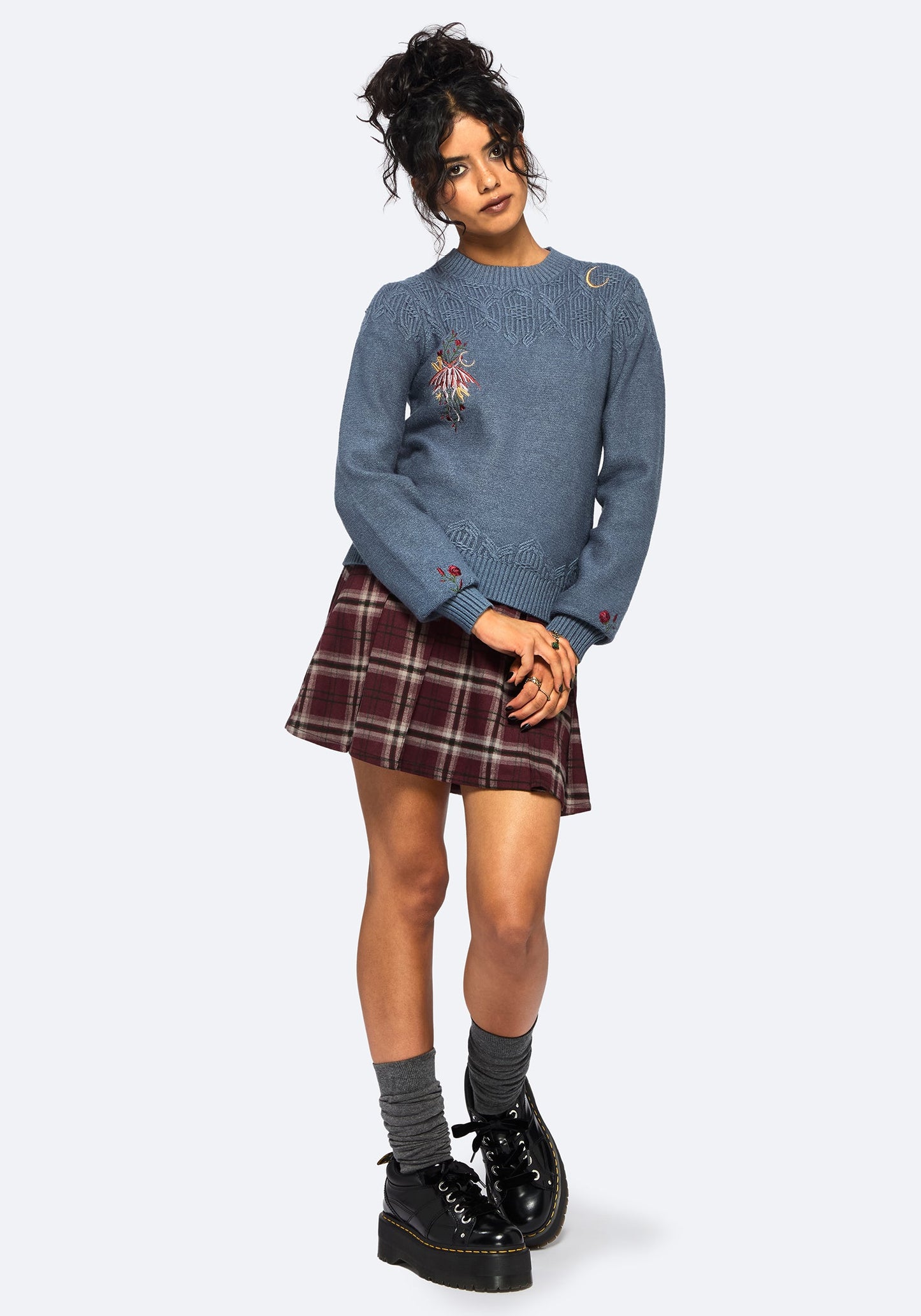 Selenia Moth Embroidered Cable Twist Knit Jumper - Blue