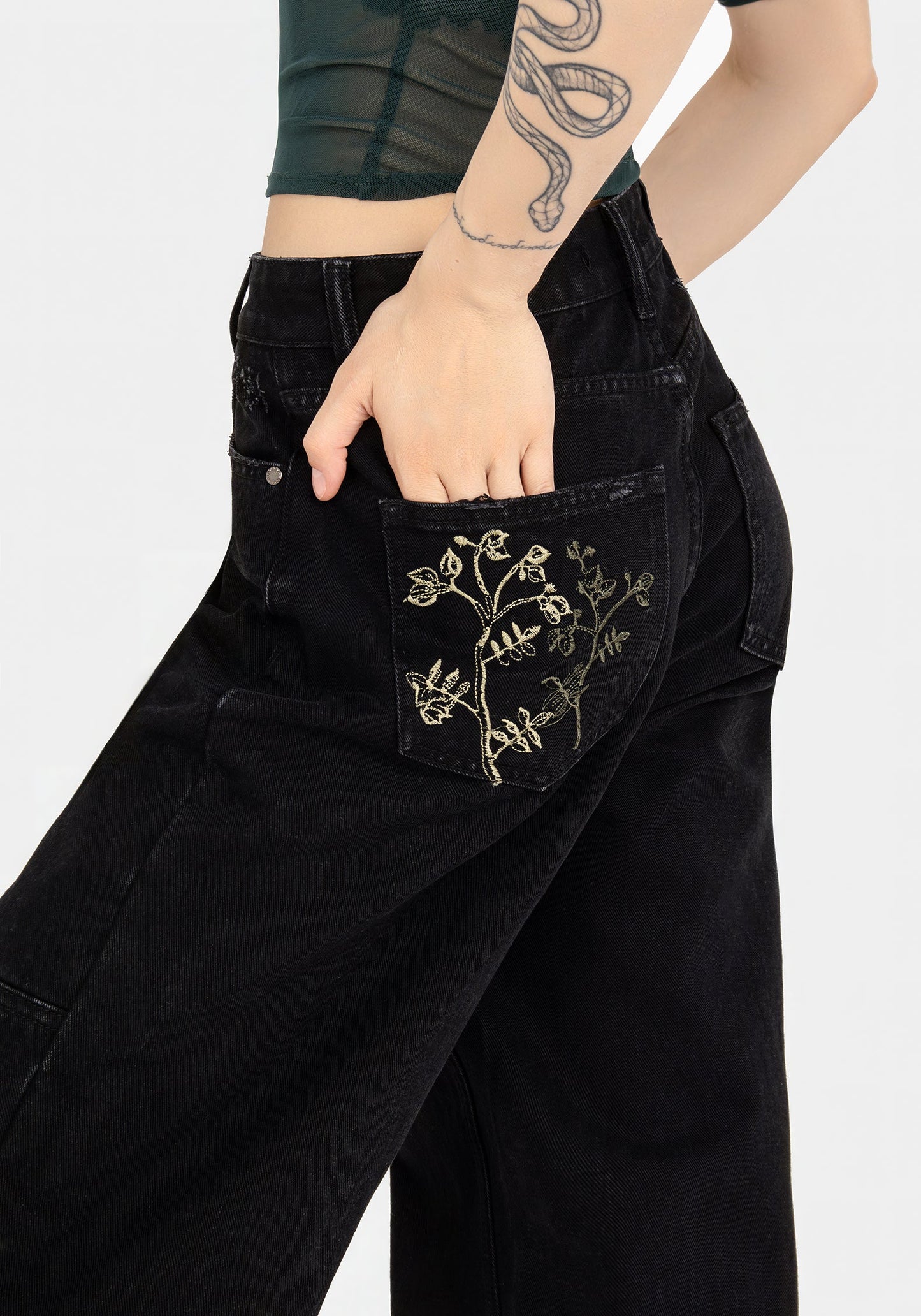 Buckthorn Embroidered Denim Barrel Leg Jeans