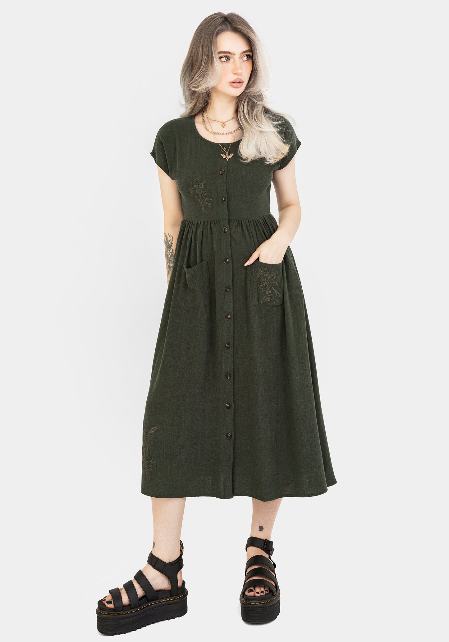 Foliate Linen-Blend Embroidered Button Up Midi Dress - Green