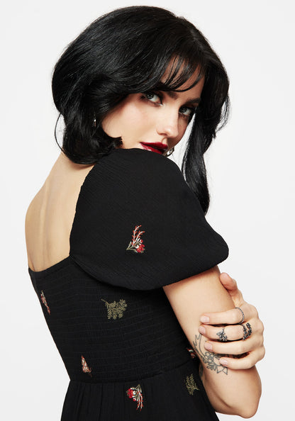 Copia Moth Embroidered Puff Sleeve Mini Dress