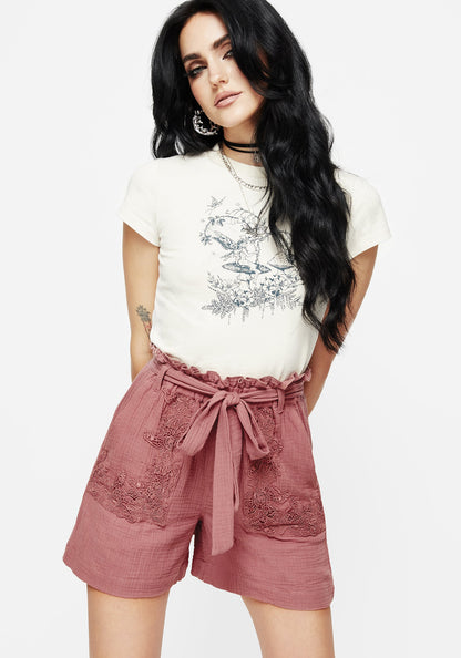 Rosamoth Applique Trim Cotton Tie Waist Shorts