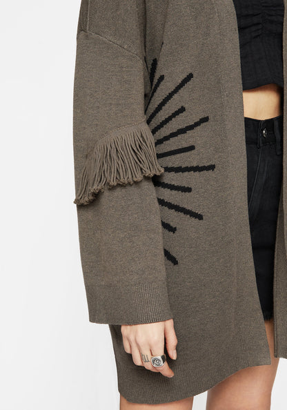 Iris Flare Sleeve Longline Fringe Knit Cardigan