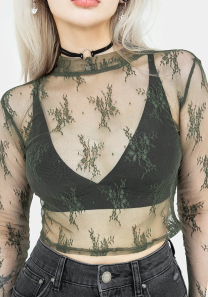 Eternal Lace Long Sleeve Crop Top - Green