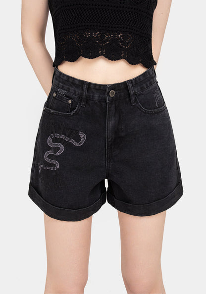 Heroica Embroidered Denim Mom Shorts