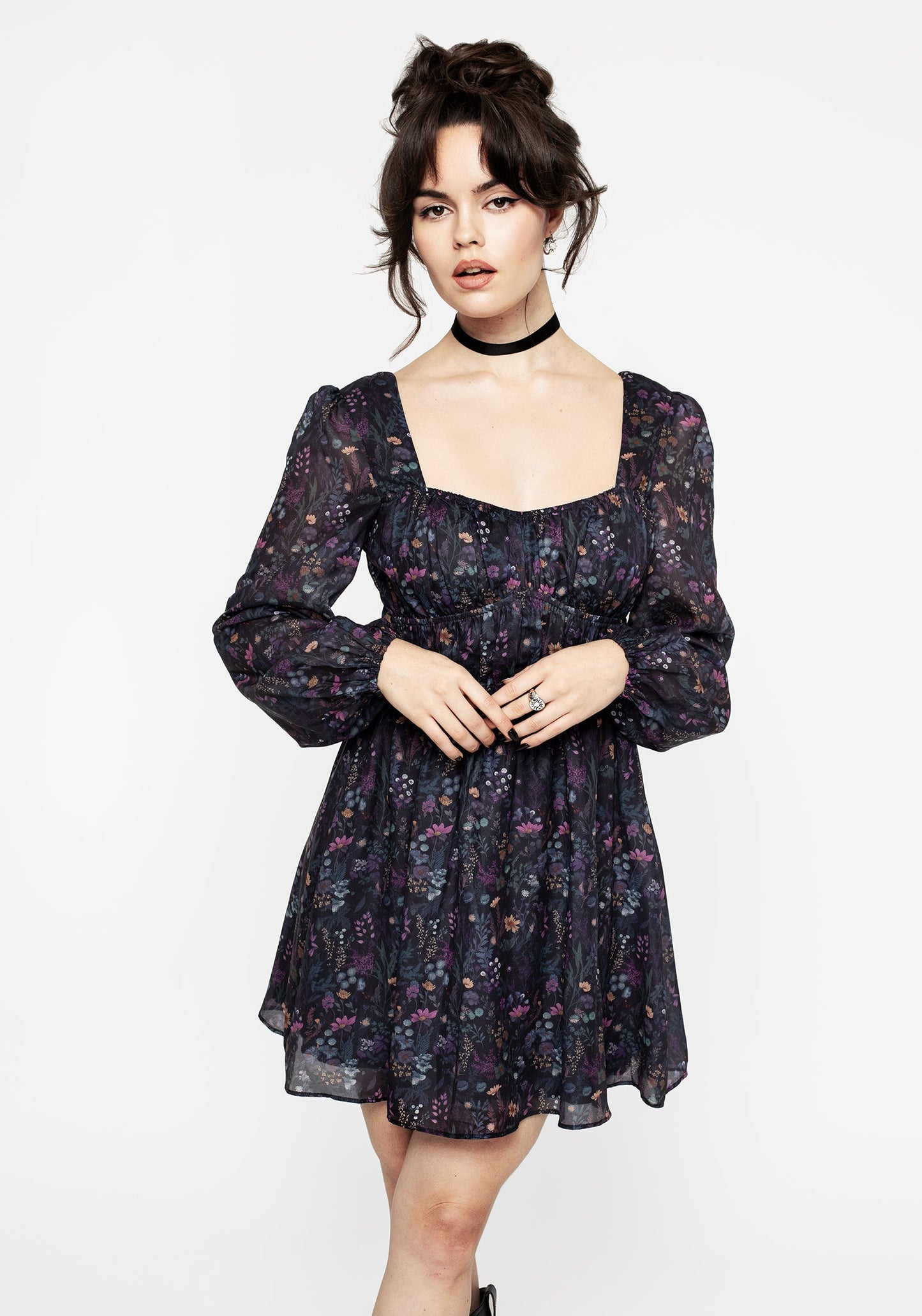 Heliotrope Floral Print Chiffon Mini Dress
