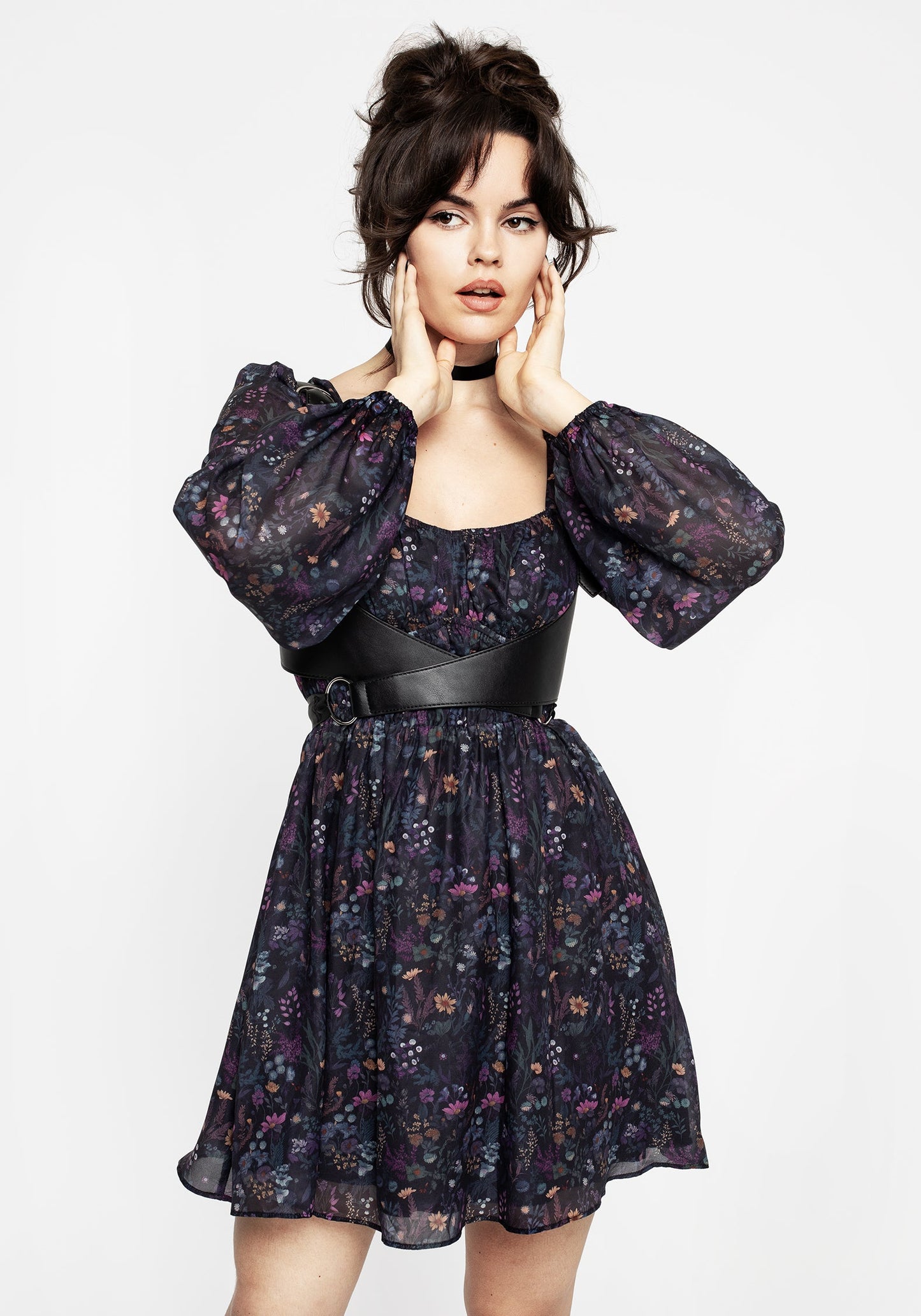 Heliotrope Floral Print Chiffon Mini Dress