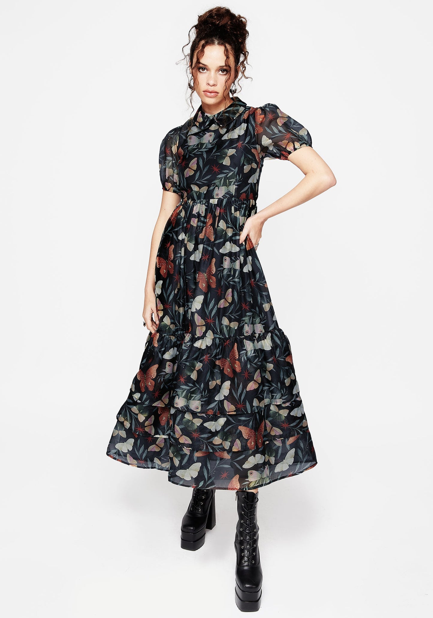 Mariposa Puff Sleeve Organza Maxi Shirt Dress