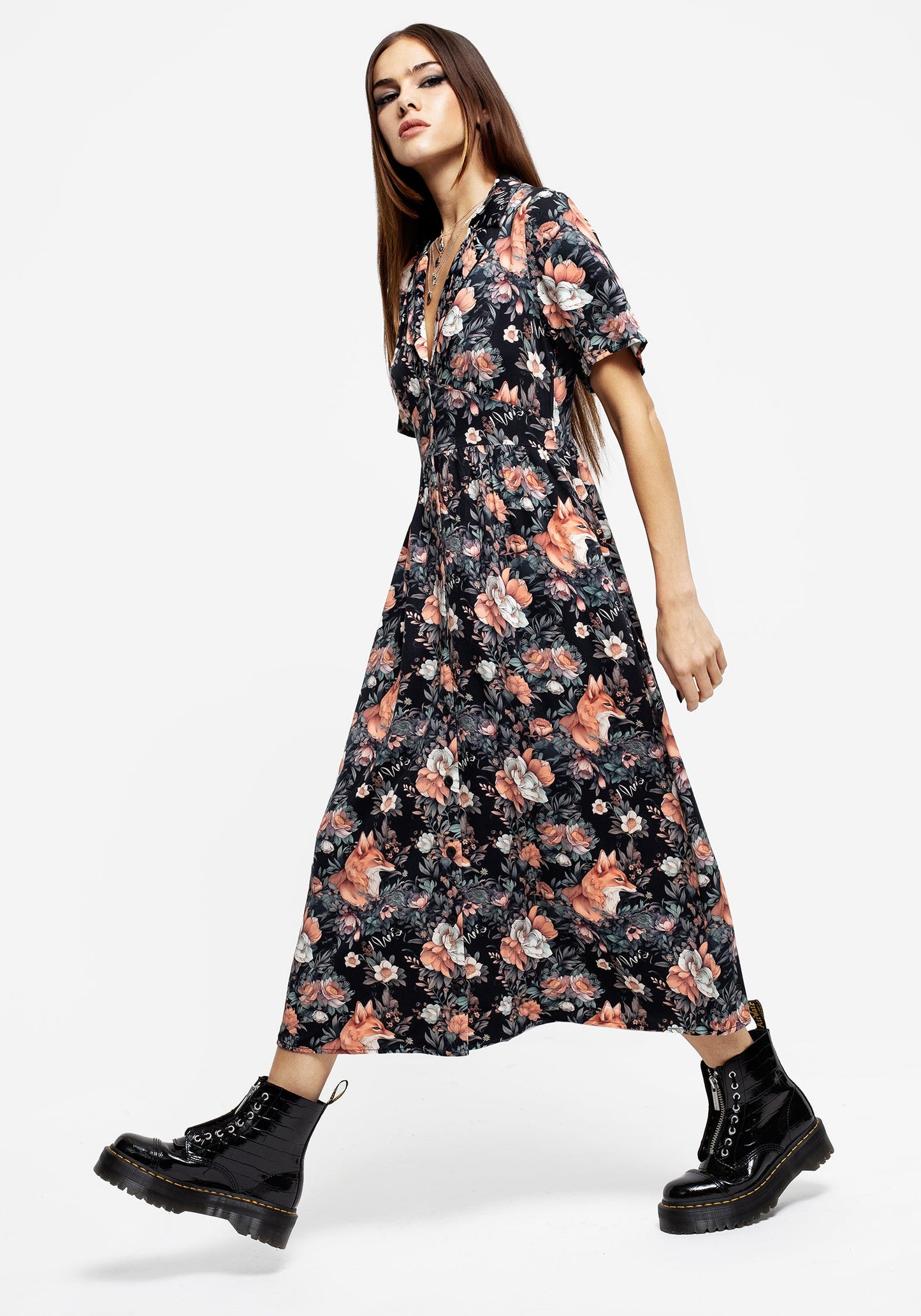 Reynard Fox Floral Print Midi Shirt Dress