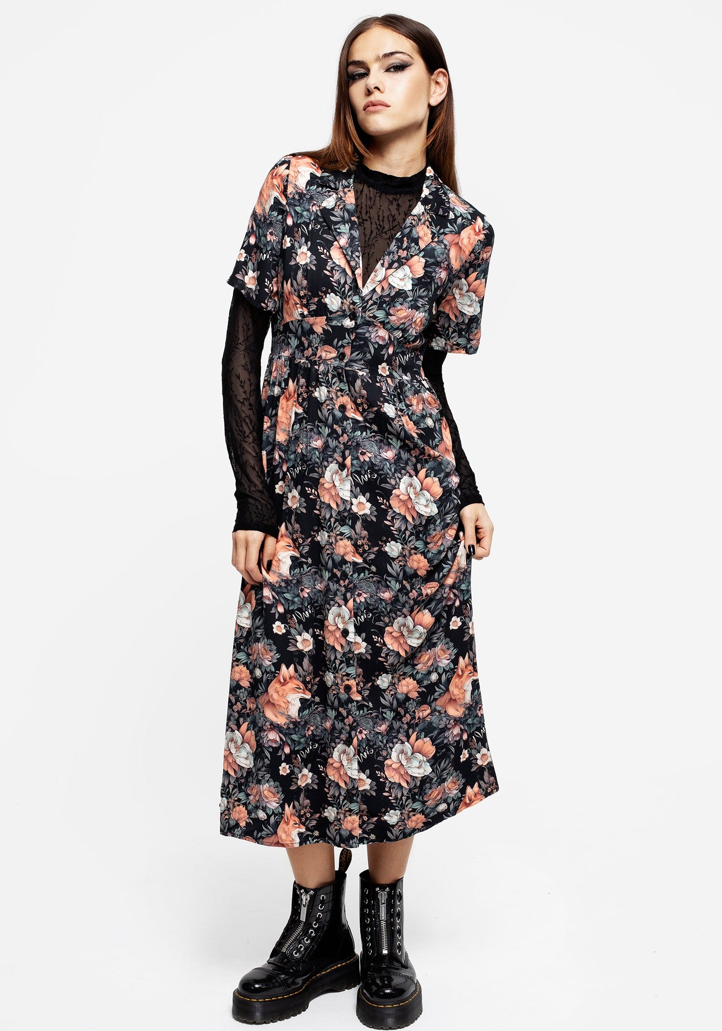 Reynard Fox Floral Print Midi Shirt Dress