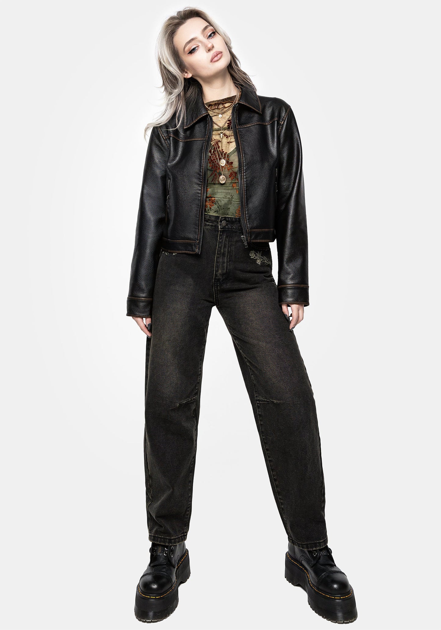 Veltha Floral Embroidered Denim Barrel Leg Jeans