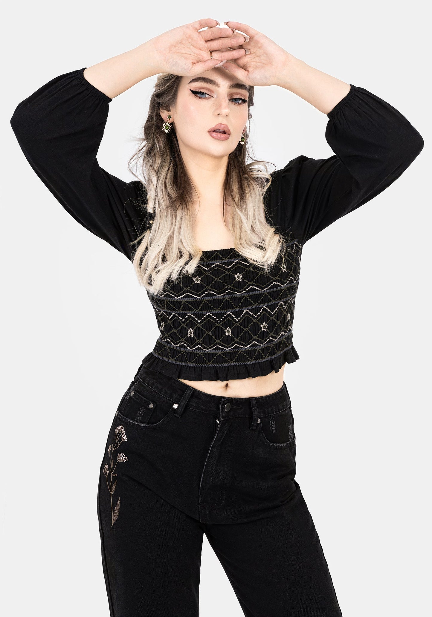 Larissa Hand Embroidered Smocked Puff Sleeve Top