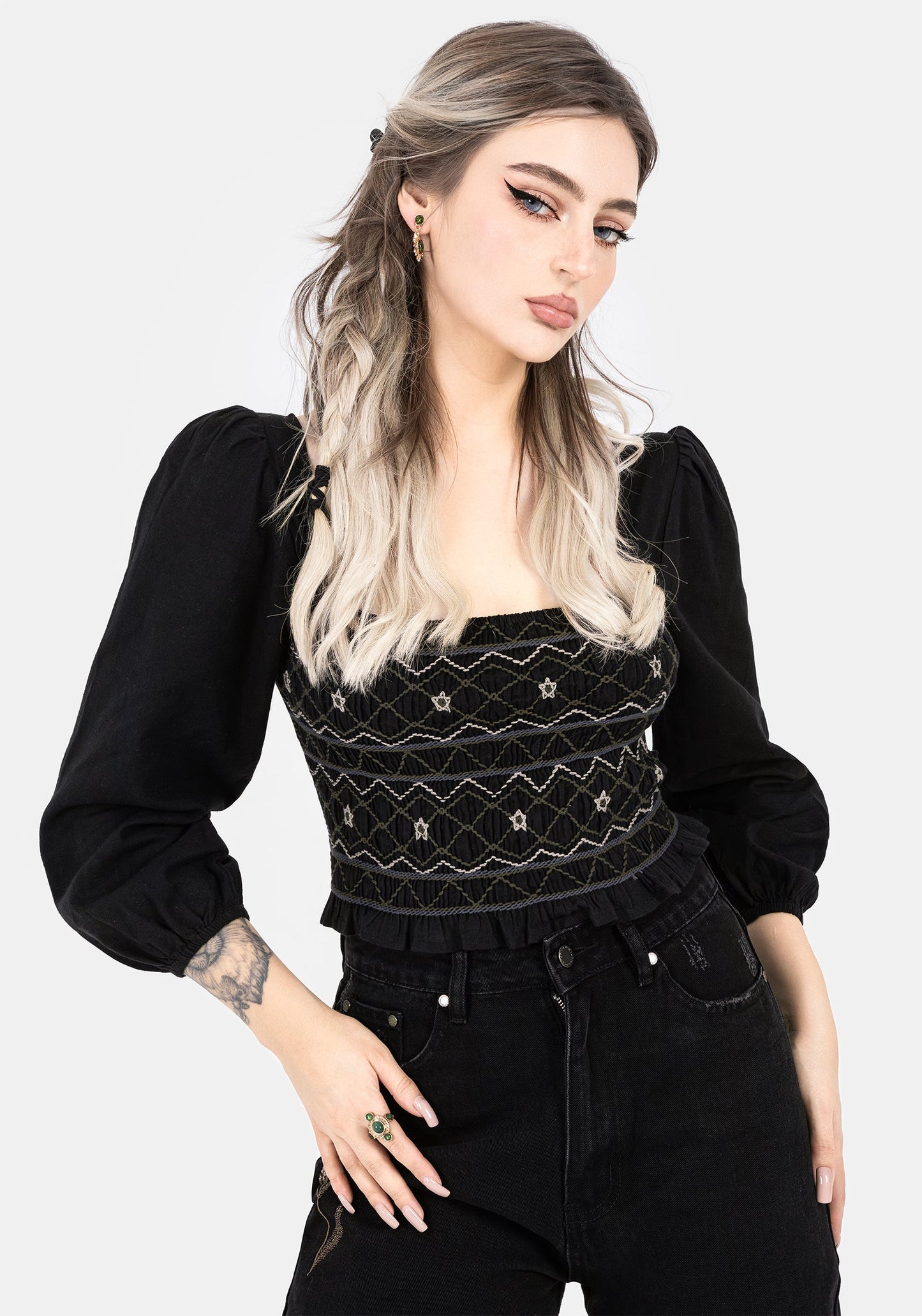 Larissa Hand Embroidered Smocked Puff Sleeve Top