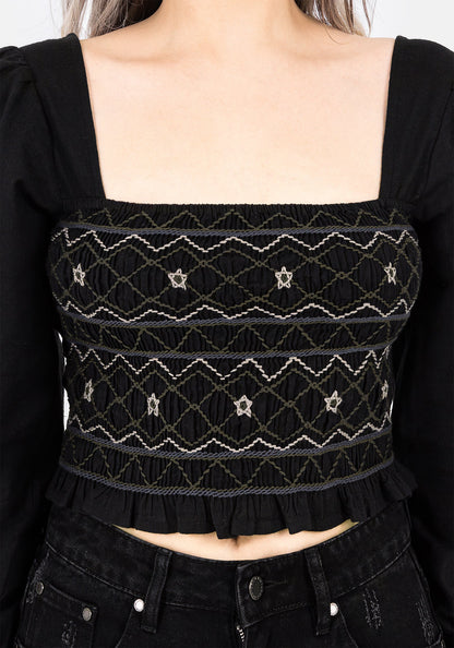 Larissa Hand Embroidered Smocked Puff Sleeve Top