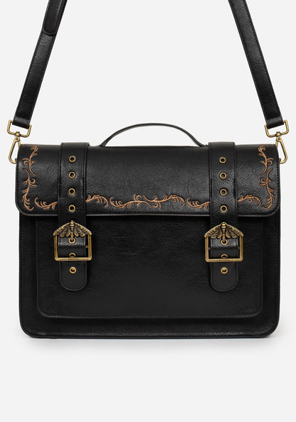 Rosamoth Buckle Vine Embroidered Satchel Bag - Black