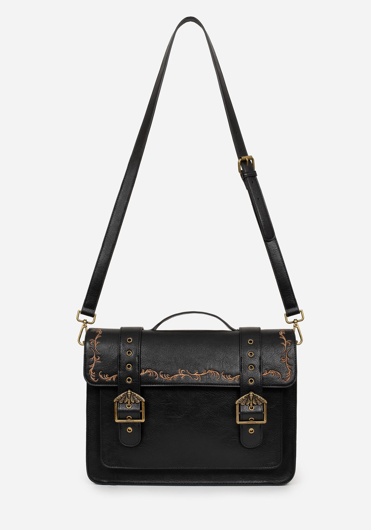 Rosamoth Buckle Vine Embroidered Satchel Bag - Black