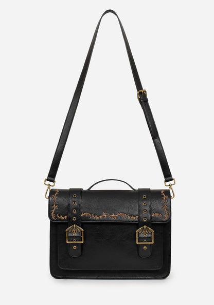 Rosamoth Buckle Vine Embroidered Satchel Bag - Black