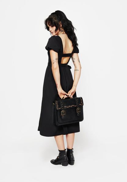 Rosamoth Buckle Vine Embroidered Satchel Bag - Black