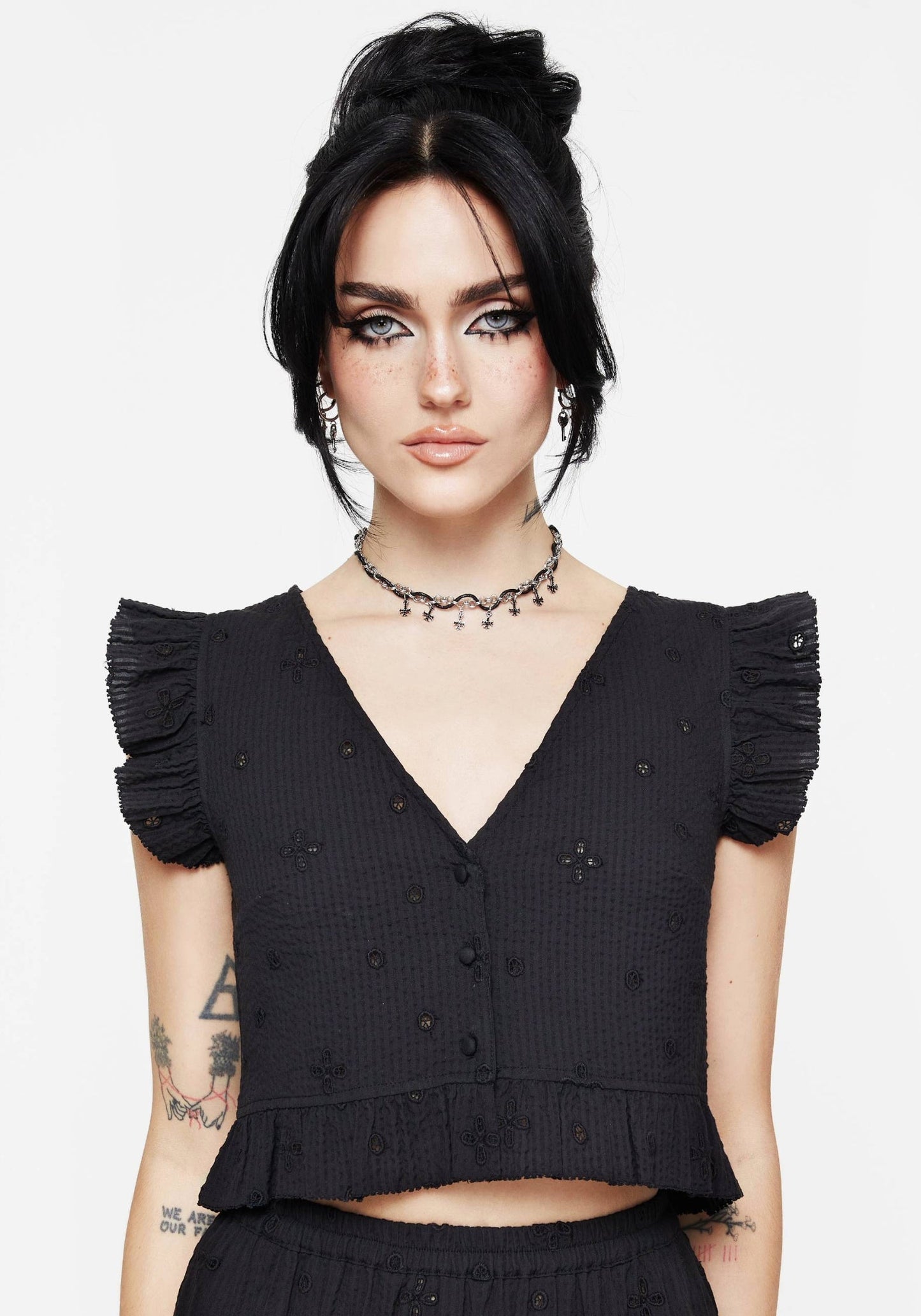 Crux Broderie Button Up Sleeveless Blouse Top