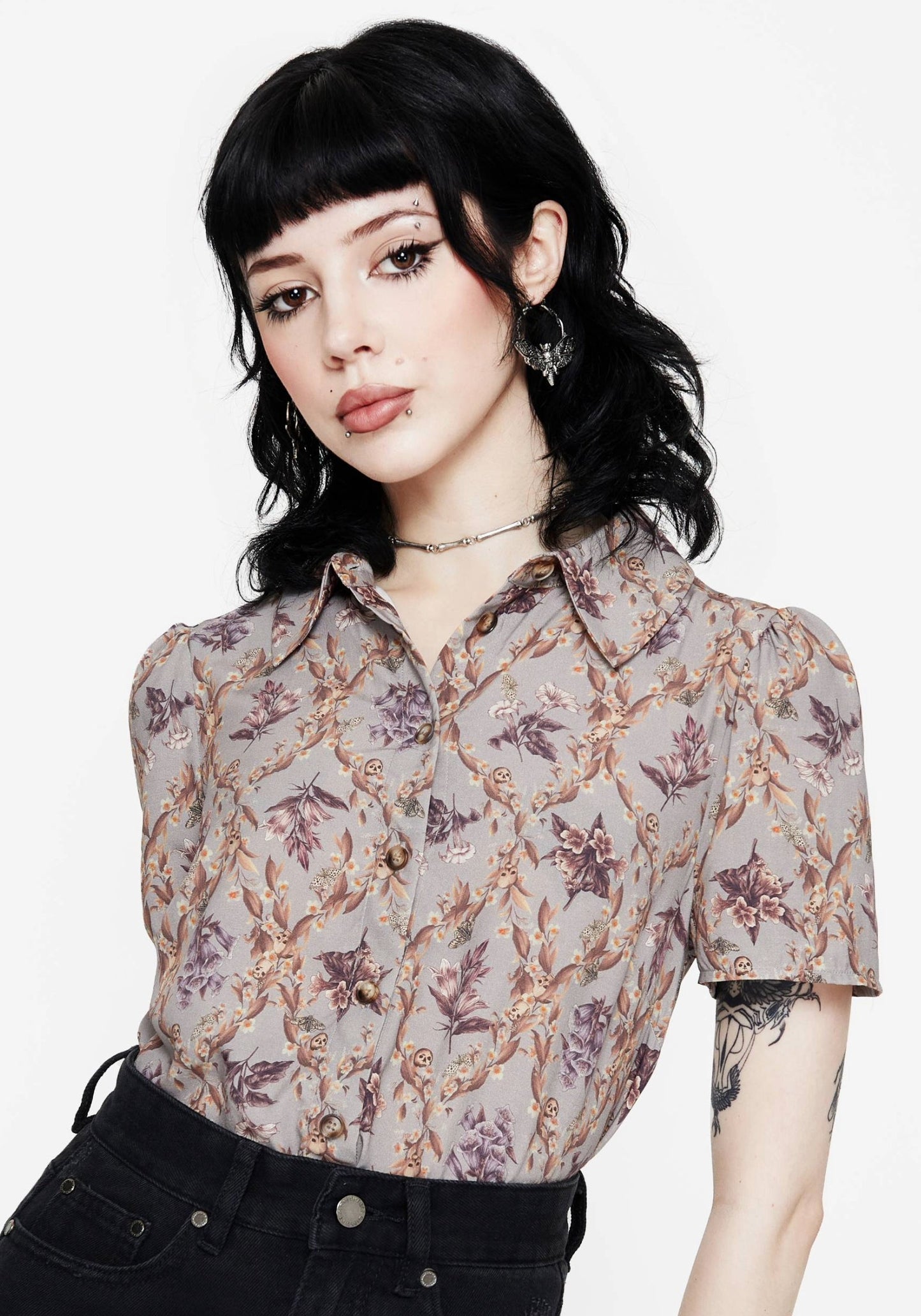 Blossom Floral Tile Printed Cropped Button Up Shirt