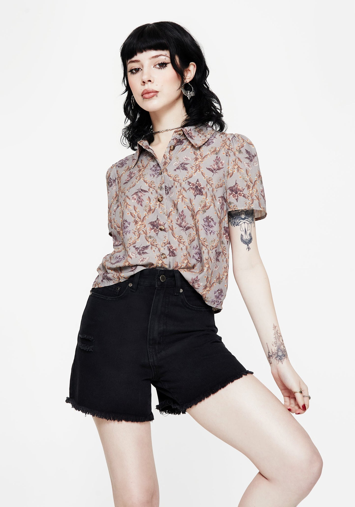 Blossom Floral Tile Printed Cropped Button Up Shirt