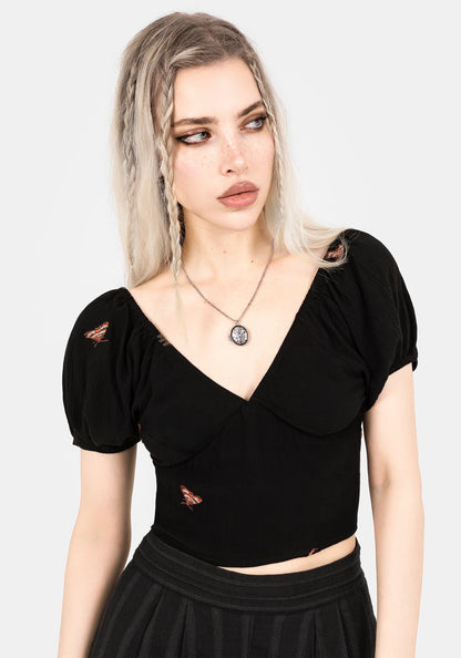 Copia Moth Embroidered Cotton Puff Sleeve Top