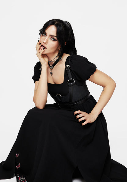 Copia Moth Embroidered Cotton Puff Sleeve Split Skirt Midi Dress