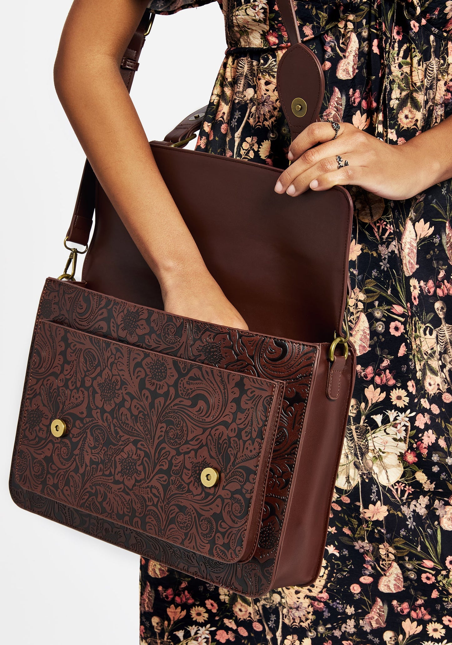 Sunder Floral Debossed Crossbody Satchel Bag