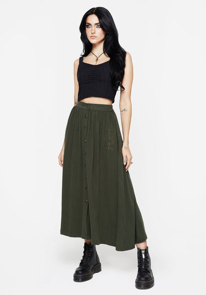 Foliate Linen-Blend Embroidered Button Up Midaxi Skirt - Green