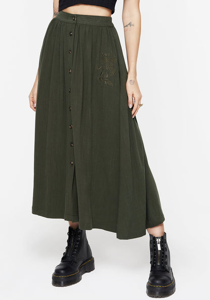 Foliate Linen-Blend Embroidered Button Up Midaxi Skirt - Green