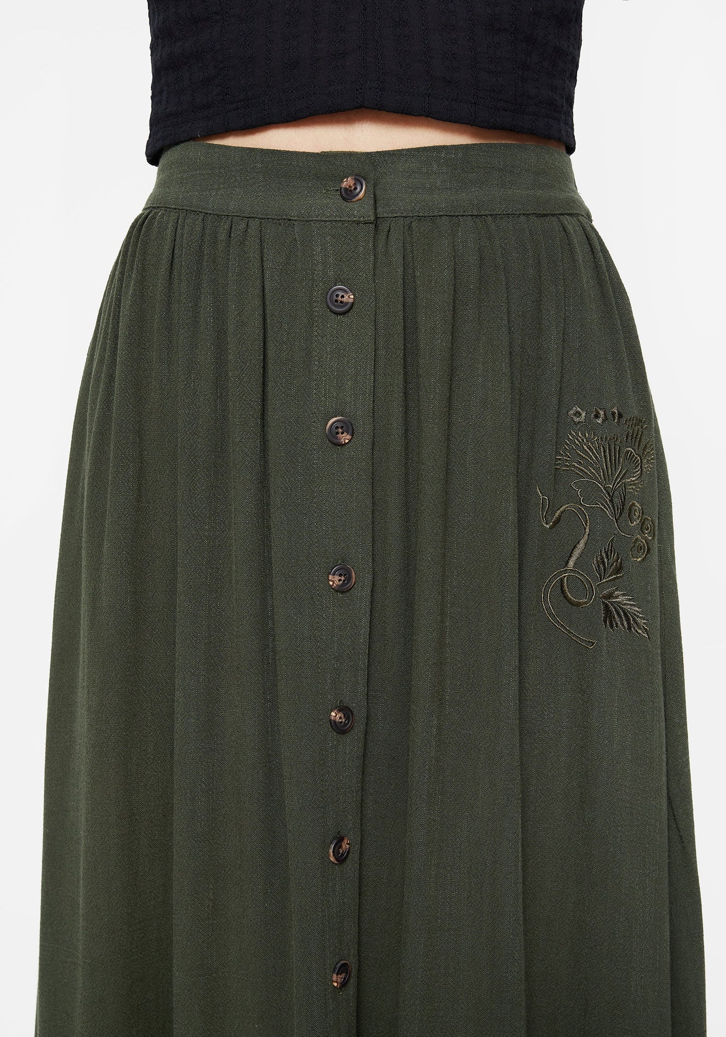 Foliate Linen-Blend Embroidered Button Up Midaxi Skirt - Green
